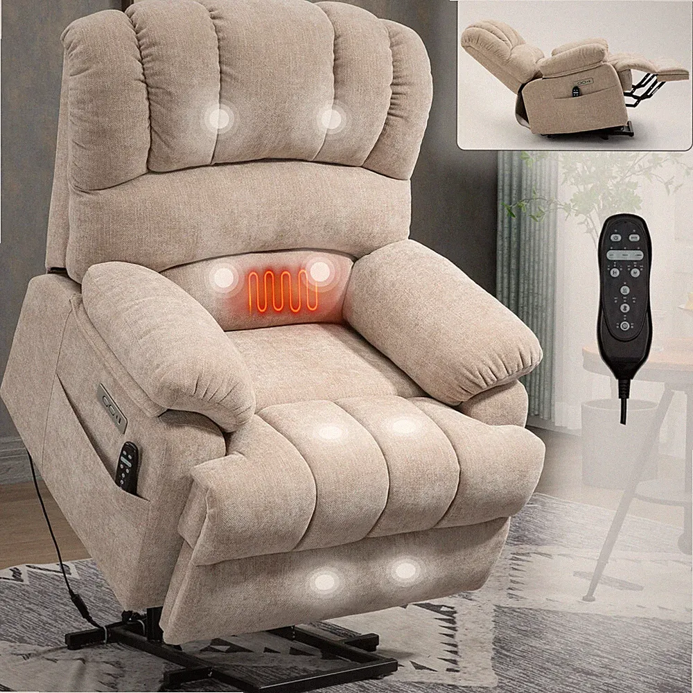 23" Large Beige High Back Chenille Power Lift Recliner 8-Pt Massage Lumbar Heat