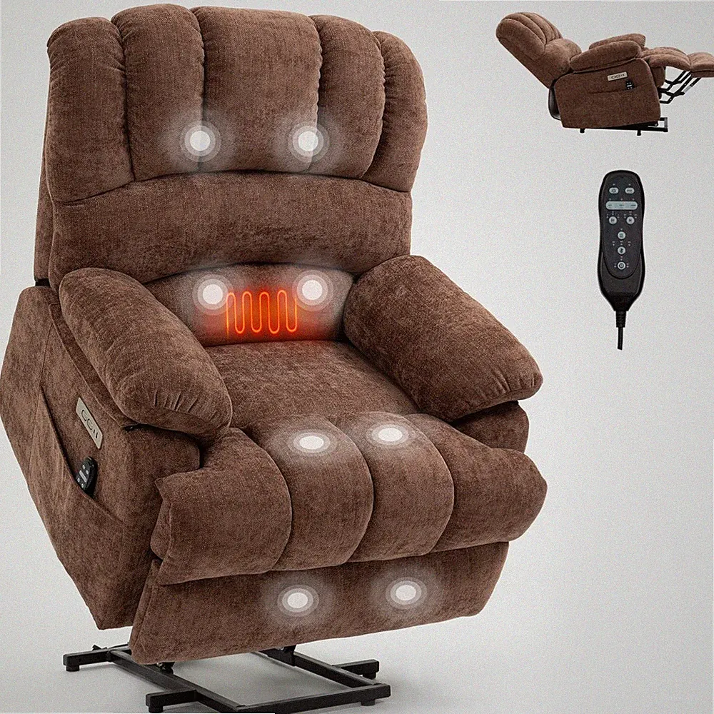 23" Seat Width Chenille Brown Power Lift Recliner - 8-Point Massage, Lumbar Heat