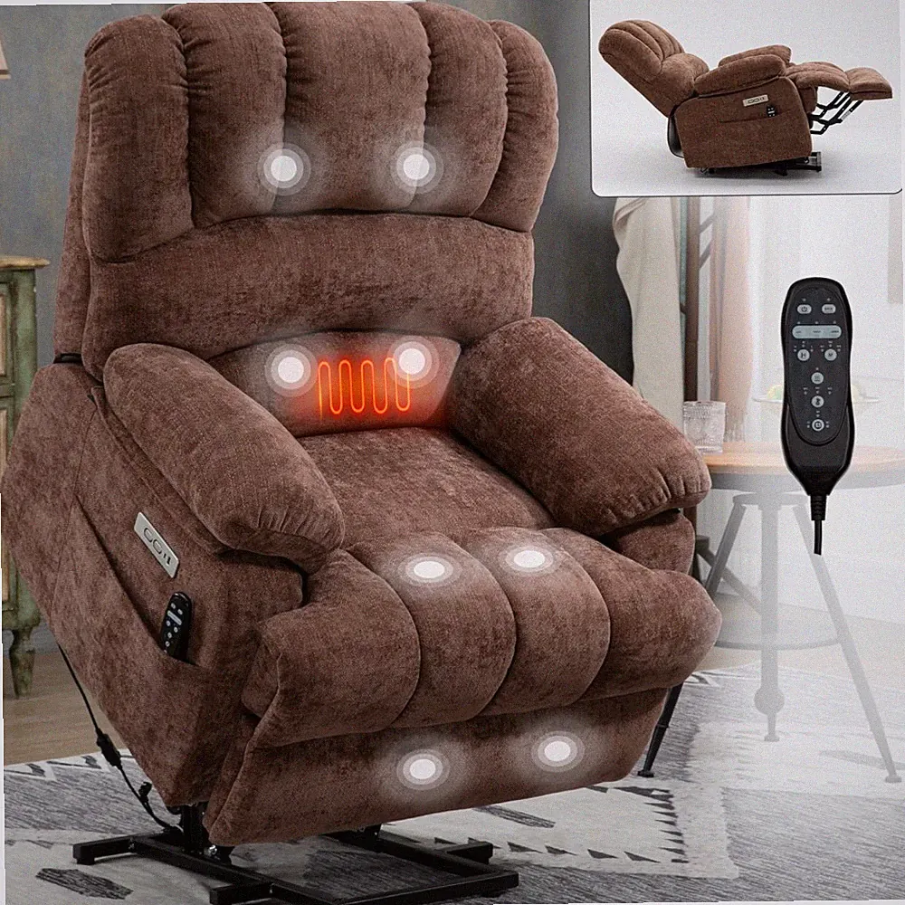 23" Seat Width Chenille Power Lift Recliner Brown- 8-Point Massage, Lumbar Heat