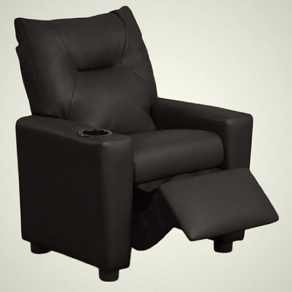 Chang Kids Recliner Chair- Built In Cupholder- Black Faux Leather