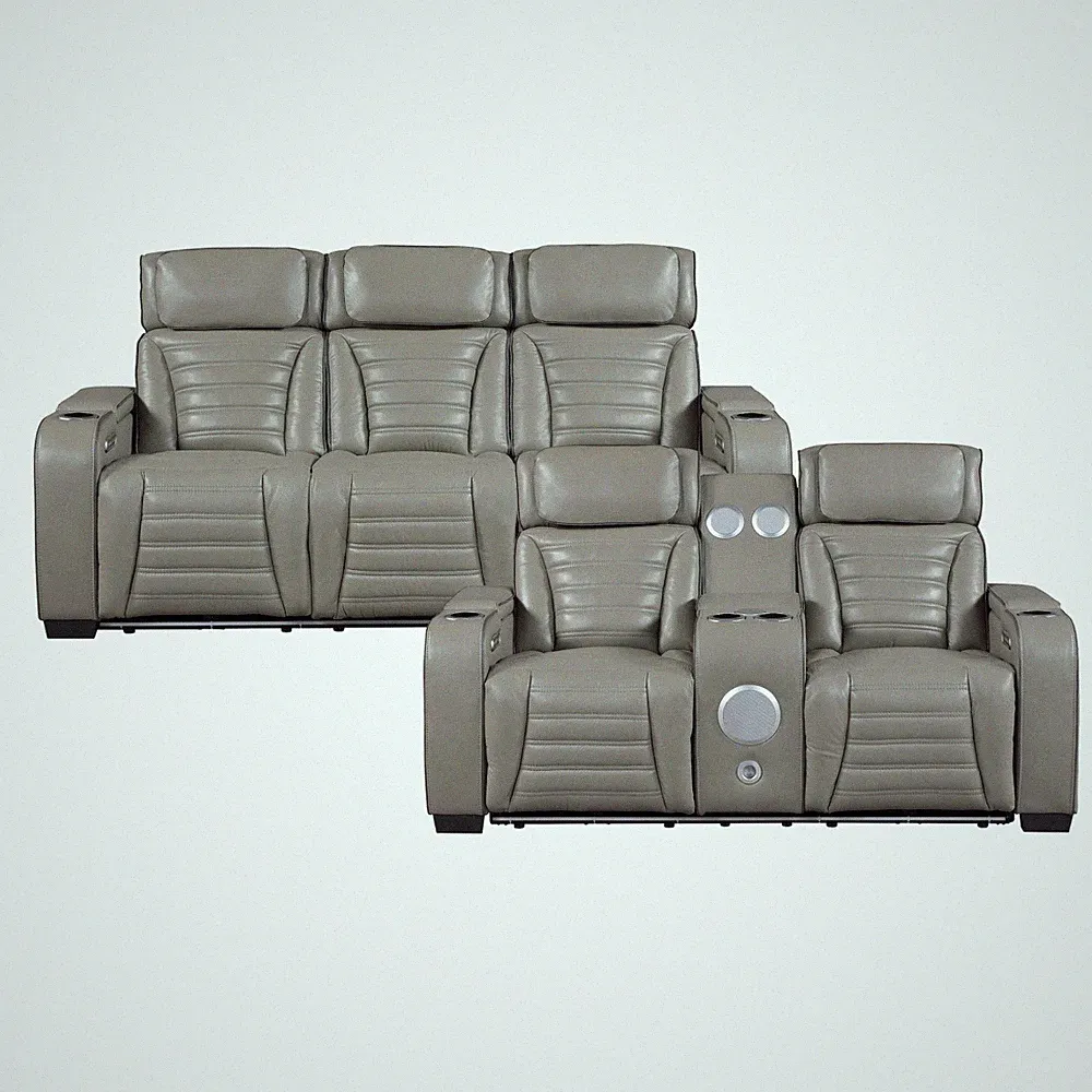MASSAGE HEATED 2 PC GREY TOP LEATHER POWER RECLINING SOFA LOVESEAT FURNITURE