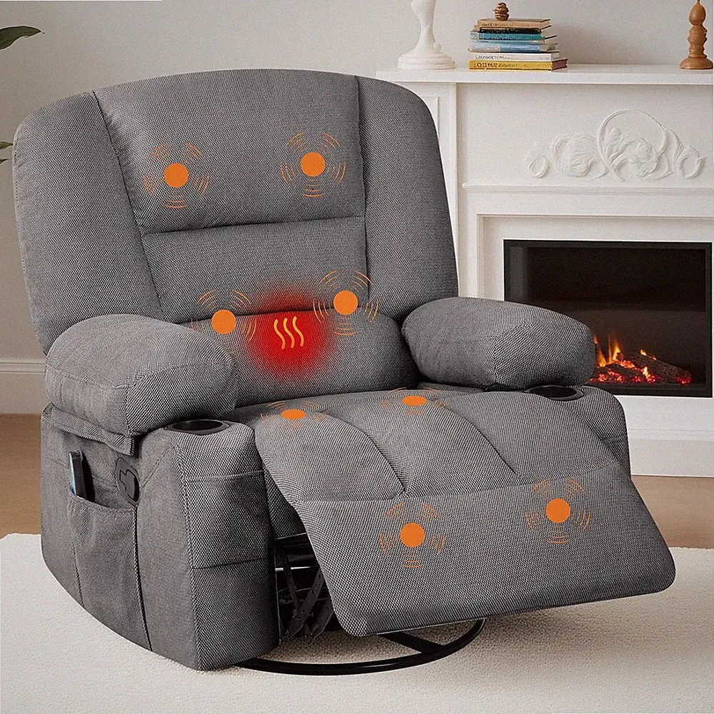 Massage Recliner Chair Swivel Rocker Glider Heated Rocking Recliner W/Cup Holder