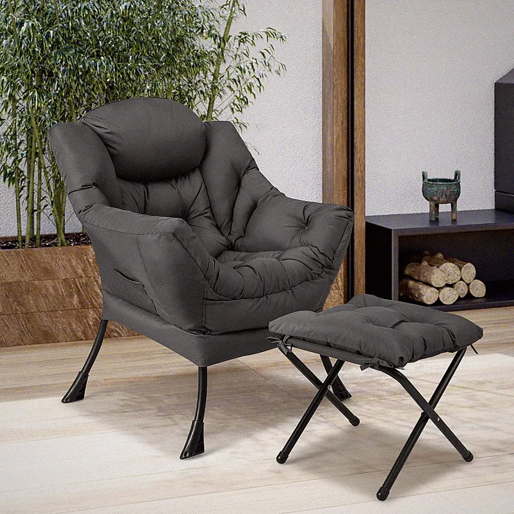 Modern Lazy Chair with Ottoman, Head Pillow & Side Pocket, Grey