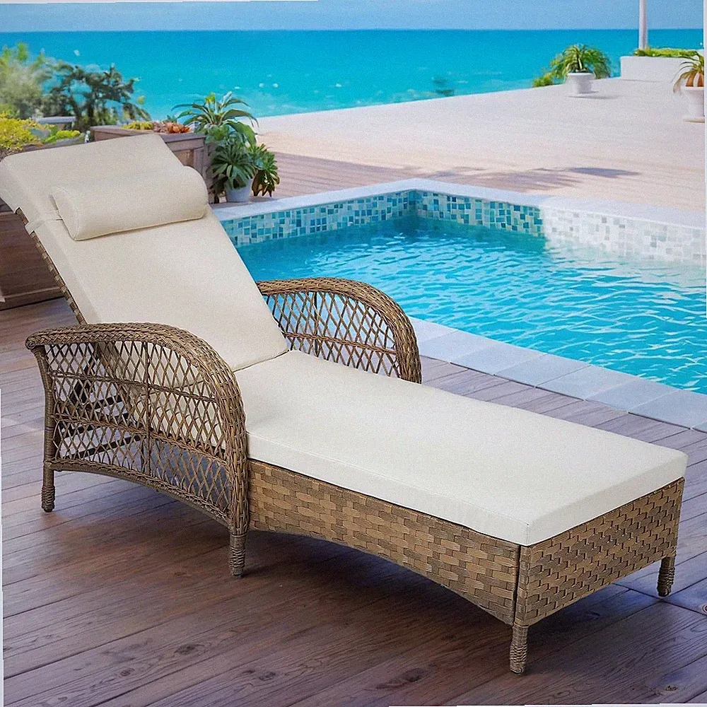 Outdoor Wicker Chaise Lounge Chair with Cushion Patio Adjustable Reclining Chair