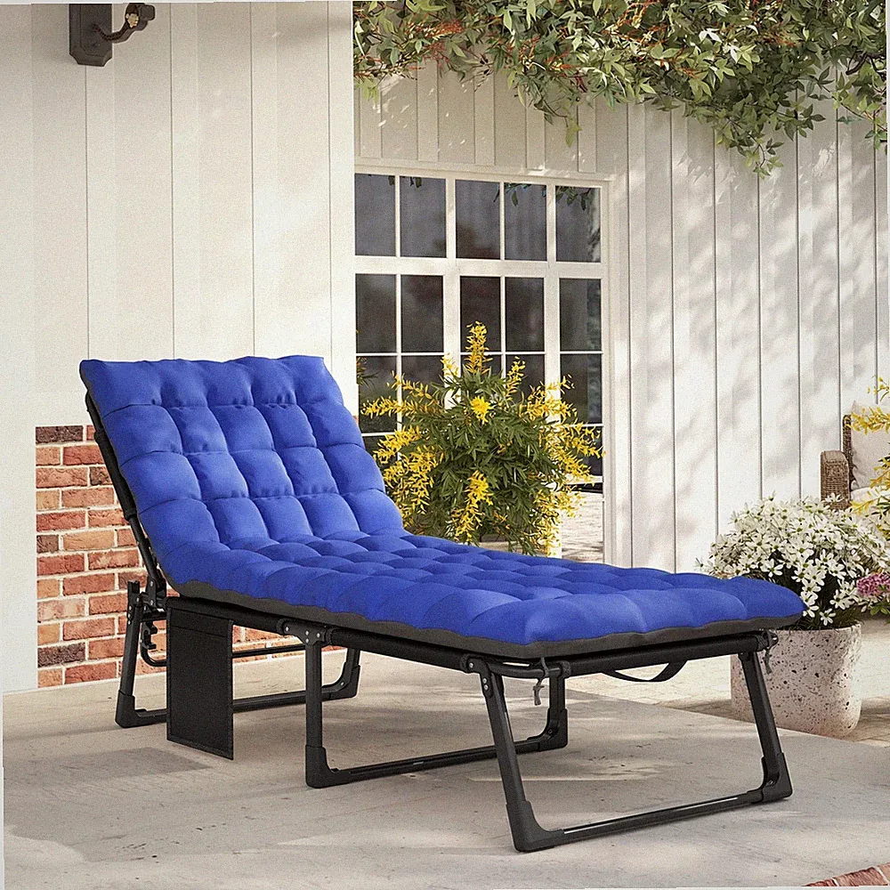 Outsunny Folding Chaise Lounge Chair Outdoor w/ Cushion, Gray/Blue