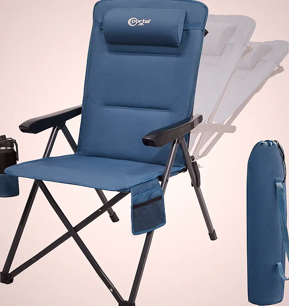 Oversized Blue Reclining Camping Chair, 400LBS Capacity, Adjustable Back