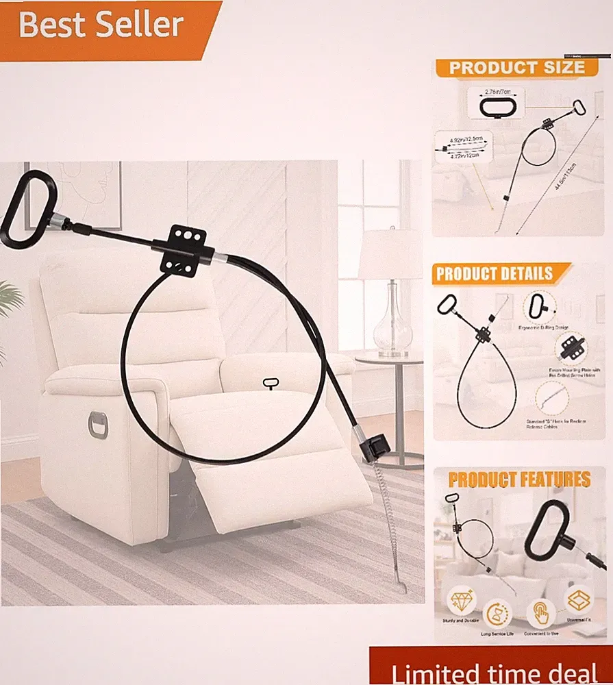 Universal Recliner Release Cable 44.5" with Mechanism Clip and Handle Design