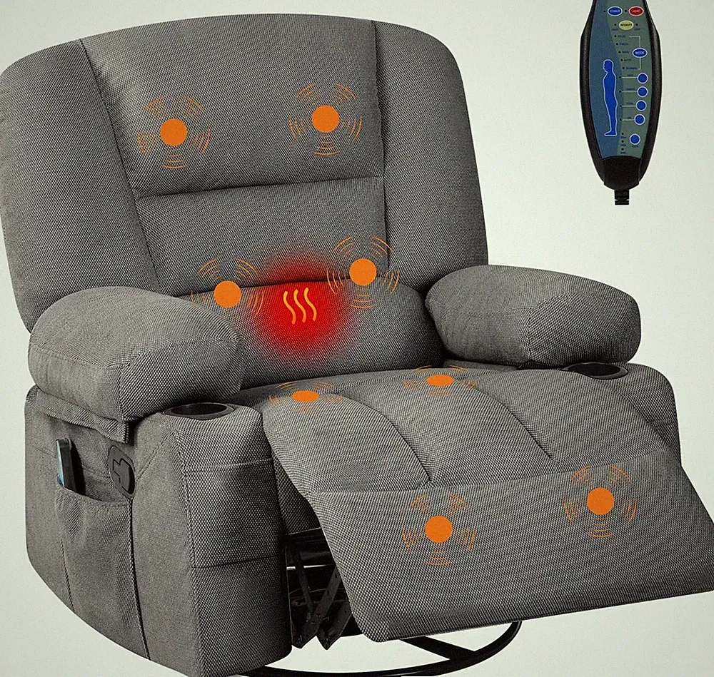 Upholstered Deep Seat Recliner Chair 360° Swivel Rocker Chair w/Heat and Massage