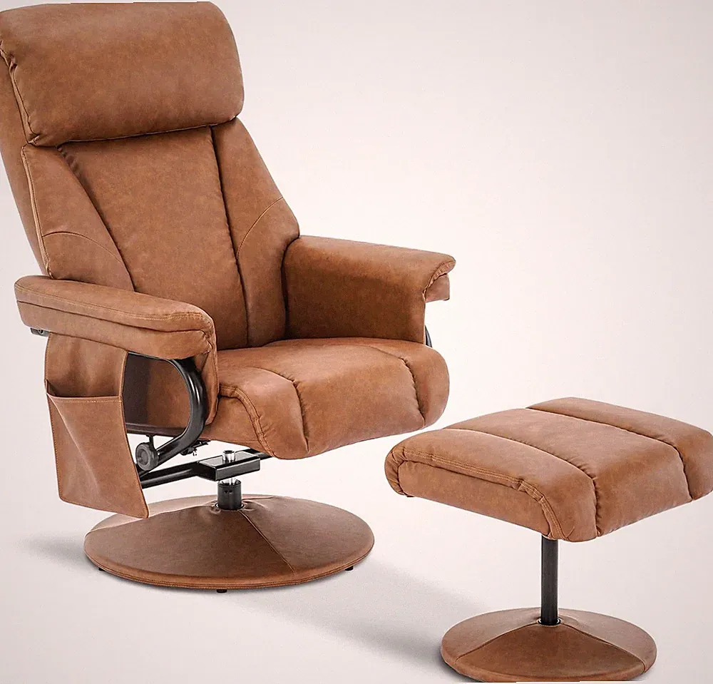 Vibrating Swivel Recliner with Ottoman for Small Spaces - Faux Leather Saddle